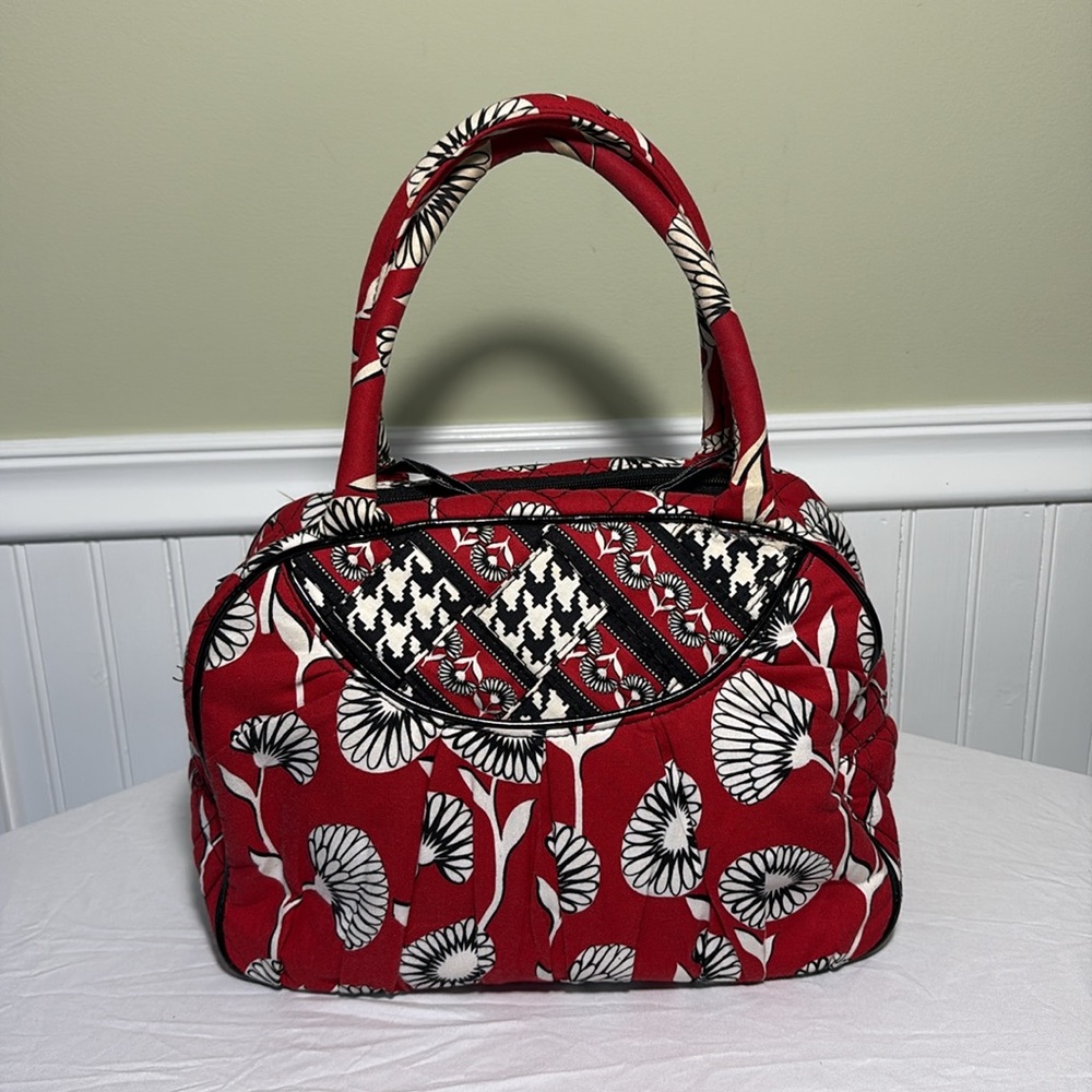Vera Bradley Deco Daisy Bowler Red Black Satchel Bag EUC